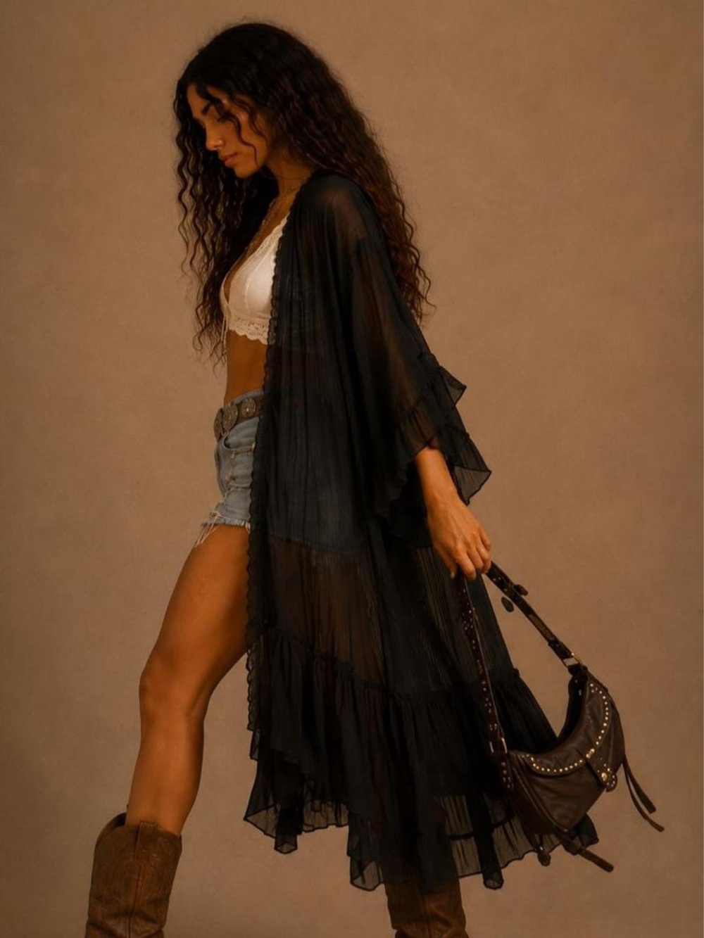 Black Sheer Ruffle Kimono